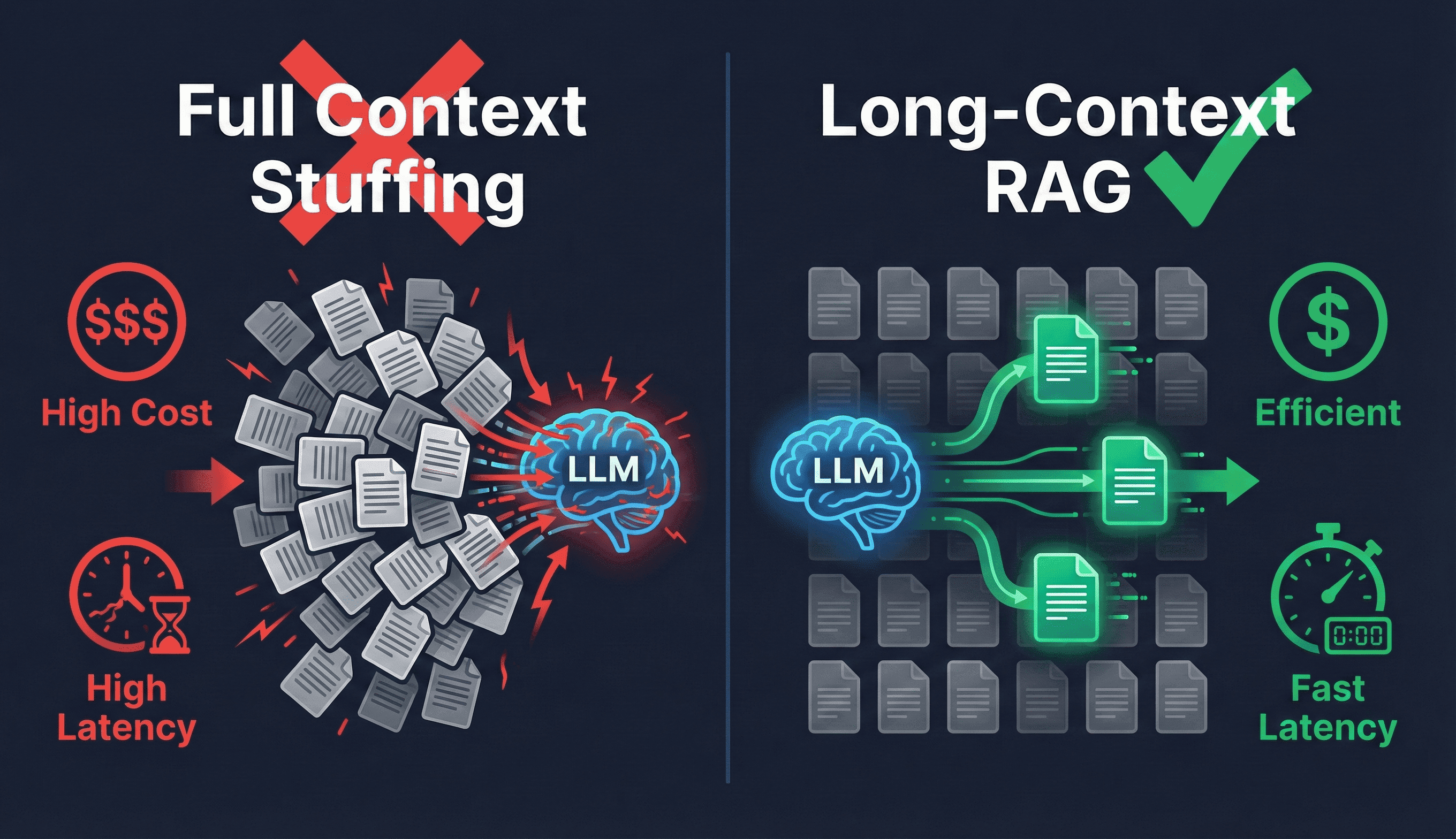 Long-context RAG vs full context stuffing